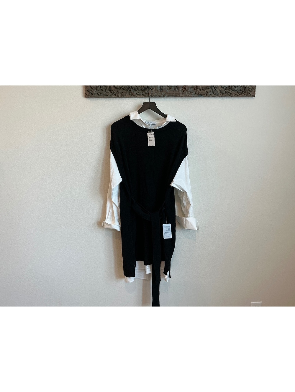 En Saison Black Knit Layered Sweater Dress with White Shirt Detail L